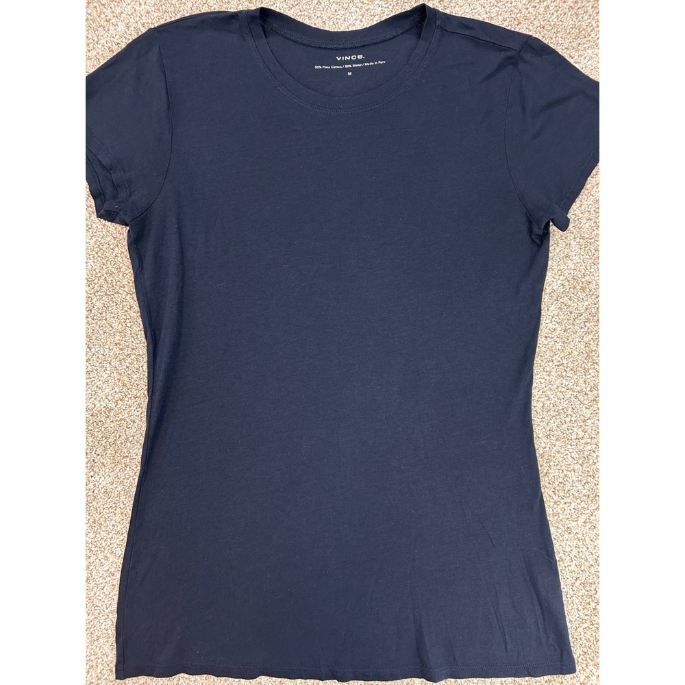 Vince Quiet Luxury Womens Navy Blue Pima Cotton Modal Short Sleeve Tee Shirt M